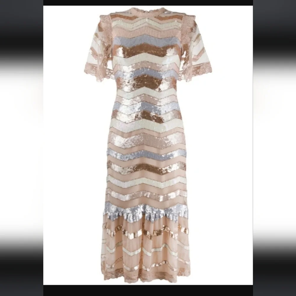 Needle & Thread Sequin Chevron Midi Dress in Gold and Silver - Picture 2 of 12